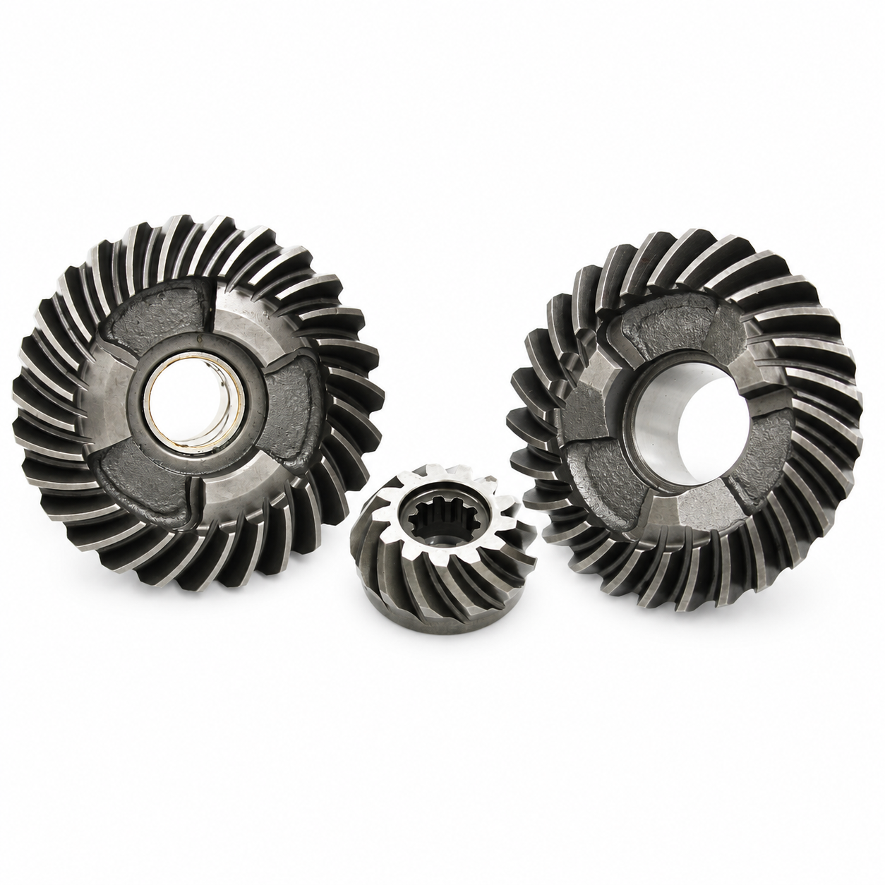 Two bevel gears and a pinion with machined teeth and splines