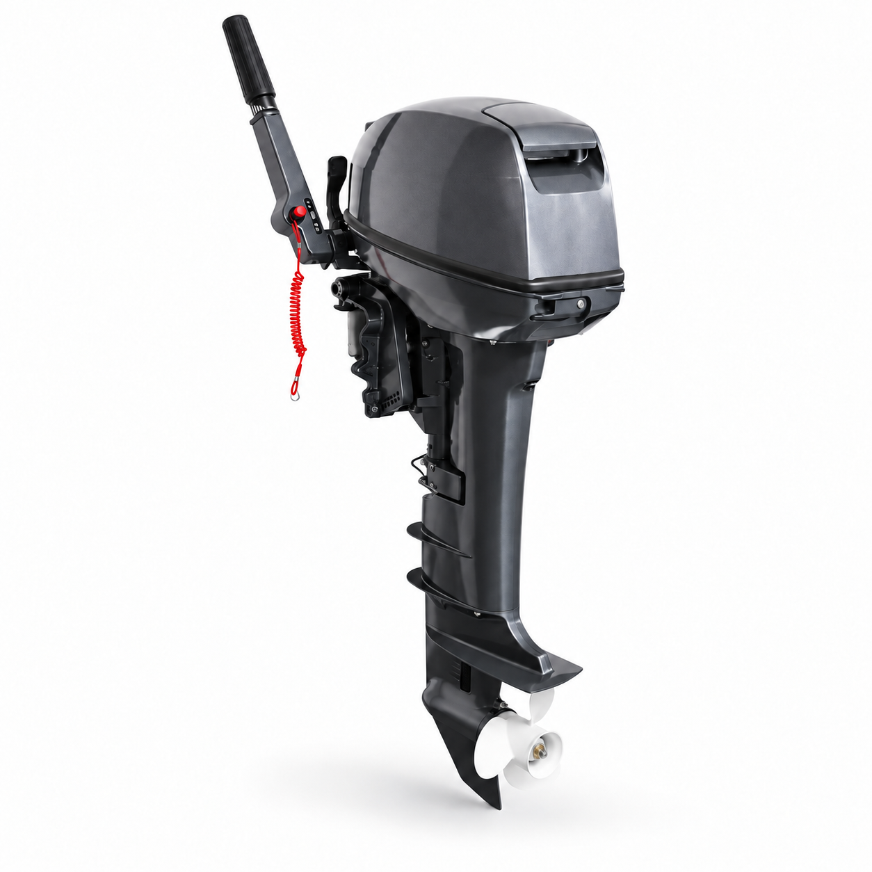 Studio-retouched outboard motor with tiller and three-blade propeller